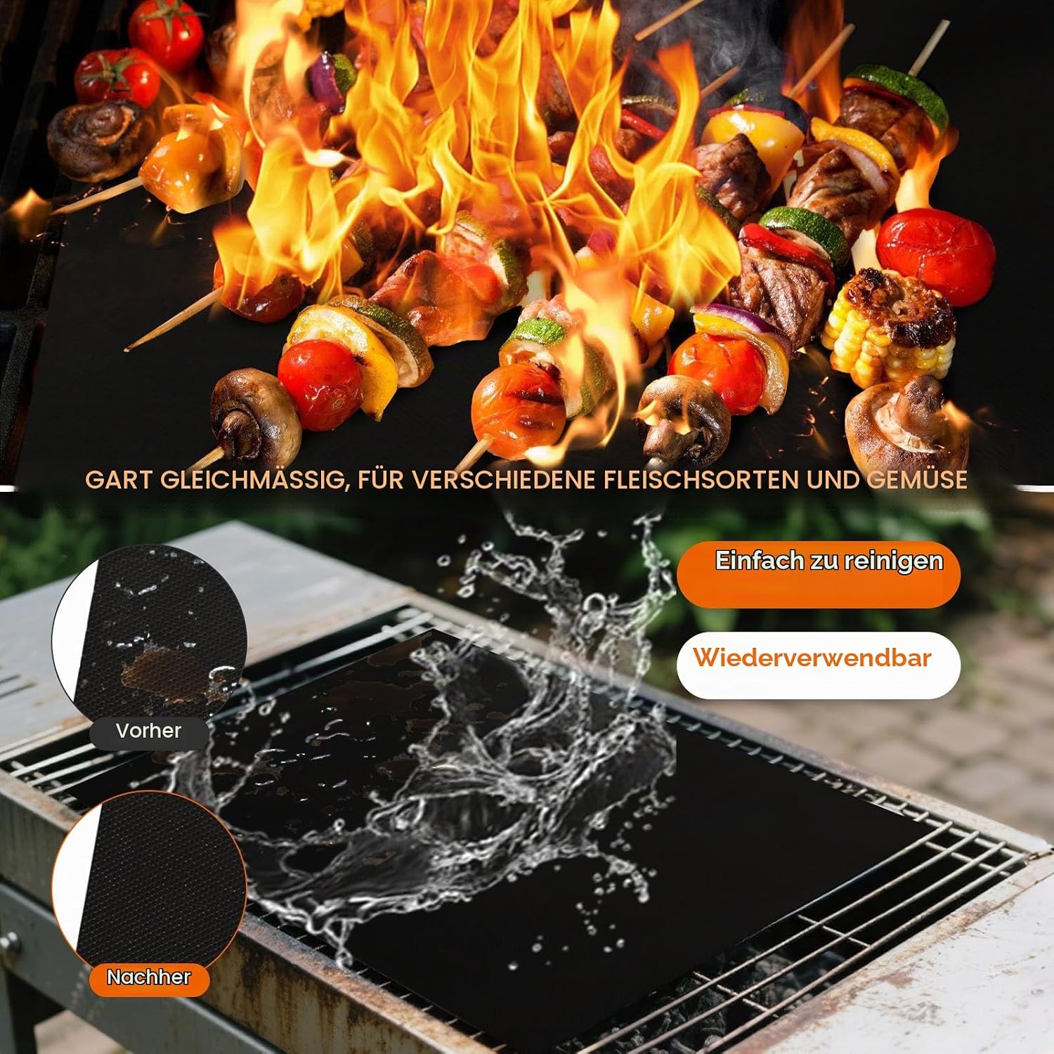 5Er Set Grillmatte Für Gasgrill, BBQ Grillmatte Wiederverwendbar 40X33/50/60Cm, Jede Größe Zugeschnitten, Grillunterlage Für Gasgrill Und Holzkohle